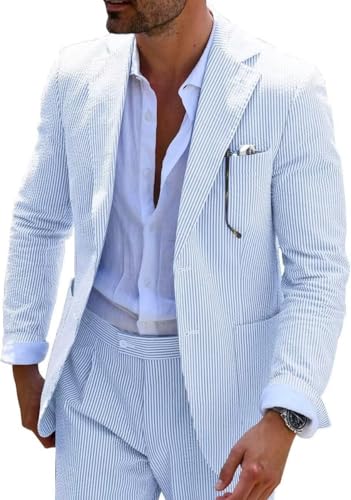 Mrbuerly Mens Blue Seersucker Summer Suits Grooms Sear Sucker Suit for Wedding Mens Formal Suits Slim Fit. Light Blue. XX-Large
